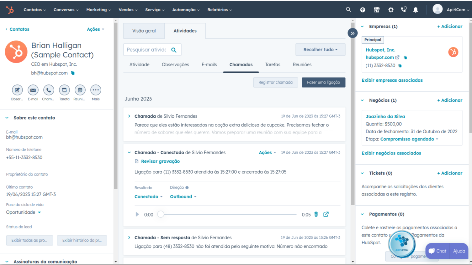Gravações das chamadas na timeline do deal